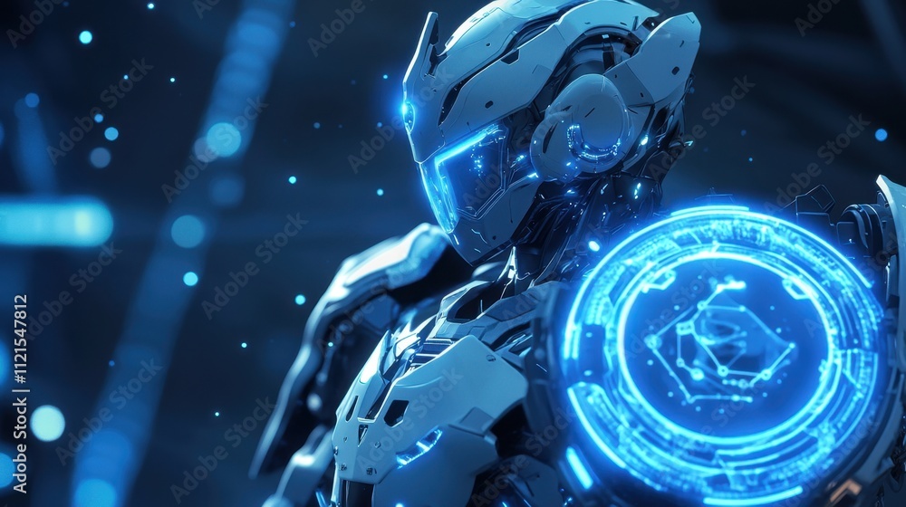 Poster a high-tech robot with a luminous shield, set against a bold blue background to symbolize advanced d