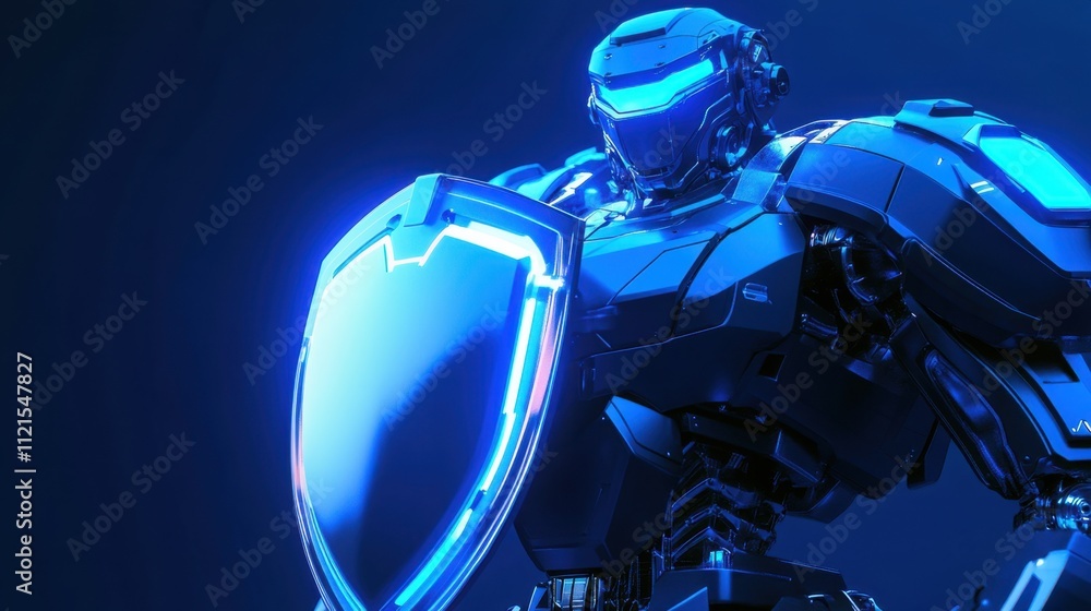 Poster a high-tech robot with a luminous shield, set against a bold blue background to symbolize advanced d