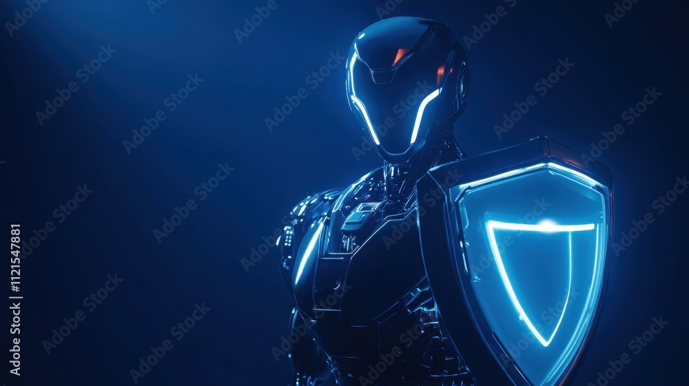 Poster a high-tech robot with a luminous shield, set against a bold blue background to symbolize advanced d