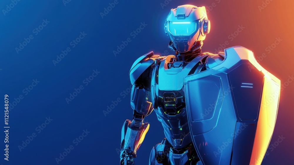 Poster a high-tech robot with a radiant shield, ready to defend, standing on a gradient blue background emp
