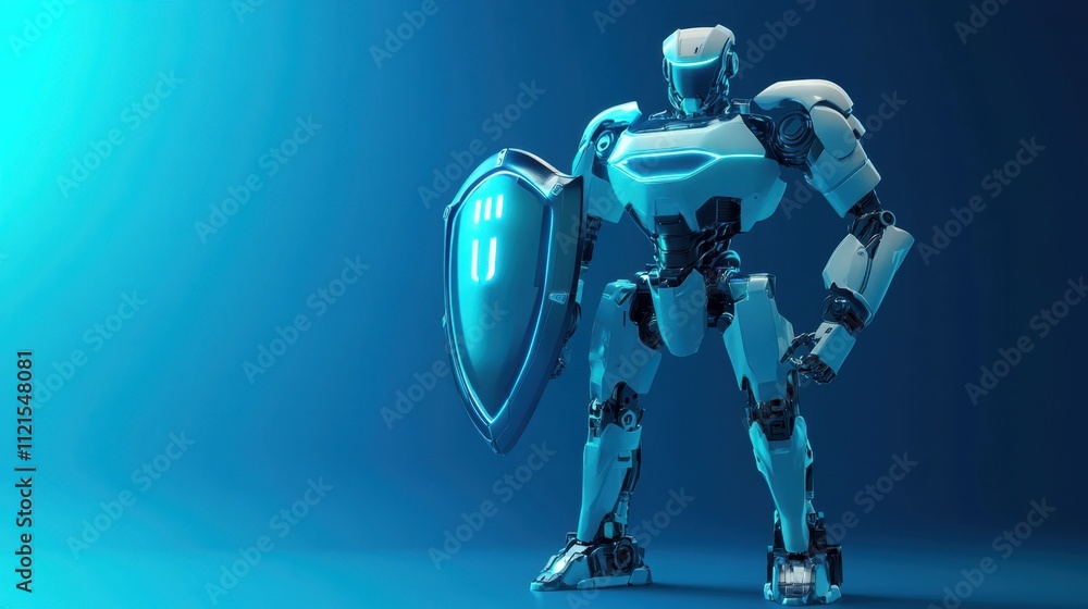 Poster a high-tech robot with a radiant shield, ready to defend, standing on a gradient blue background emp