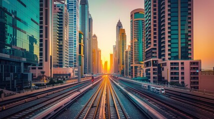Fototapeta premium Dubai Skyline at Sunset: Urban Transit and Modern Architecture