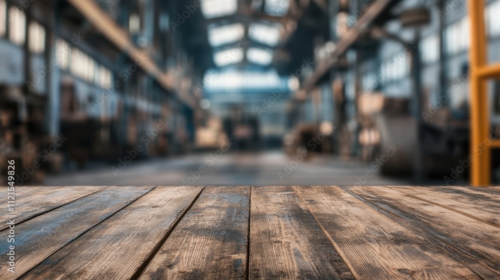 Aufkleber rustic wooden surface in the foreground with a dynamic blurred industrial workspace in the backdrop