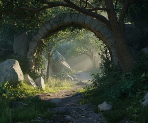 Enchanted Forest Pathway: Sunlight Filters Through Ancient Stone Archway