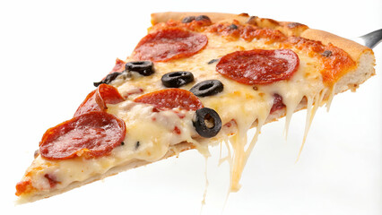 A flying slice of pepperoni pizza, with melted cheese and olives, isolated on white for a mouthwatering and vibrant food design