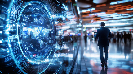 Fototapeta premium Business Traveler in Airport Terminal Consulting Financial Data