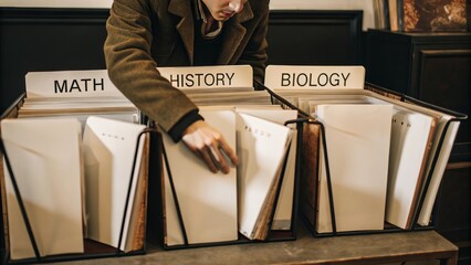 Library organizer sorting academic files by subject categories in metal holders
