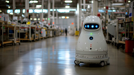 A security robot patrolling a factory floor equipped with 360-degree cameras.