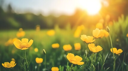 Fototapeta premium Vibrant yellow wildflowers in a sunlit meadow at sunset.