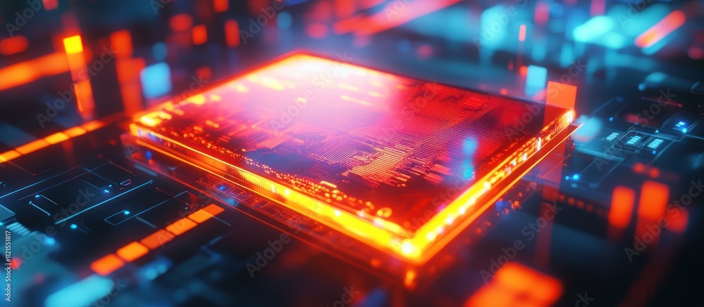 Poster glowing futuristic microchip on circuit board.