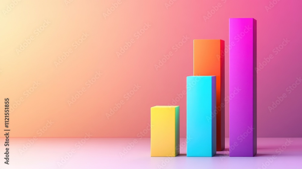 Poster a colorful 3d bar graph with each bar representing a different data point, set against a soft gradie
