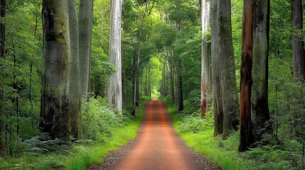 Obraz premium Travel themed image showing a wide path leads through the tall trees of the forest, with green leaves and foliage on both sides