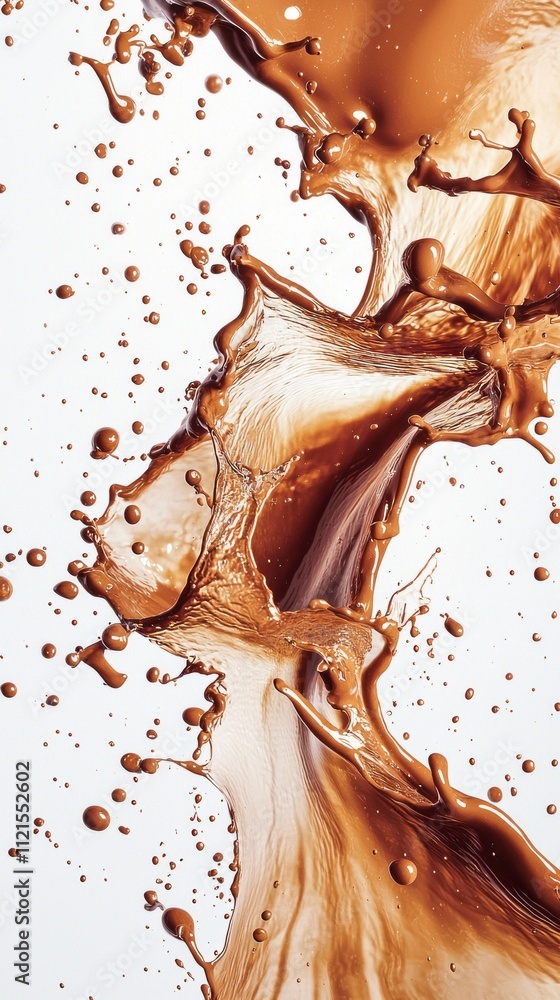 Poster rich mocha tones swirl and splash across a crisp background, showcasing a dynamic dance of color and