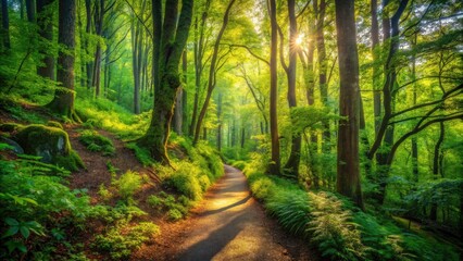 Obraz premium Hiking Trail Forest Photography: Lush Green Canopy, Dense Brush, Woodland Path