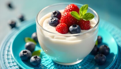 yougurt, chia seeds, strawberries and blue berries along with beautiful decore of serving breakfast , extremally realistic
