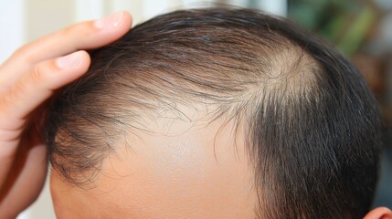 Person examining thinning hair in mirror, reflecting on aging and self-care. Embracing natural changes and prioritizing health and well-being.
