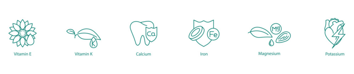 Essential Vitamins and Minerals Icon Set - Vitamins E, K, Calcium, Iron, Magnesium, and Potassium for Optimal Nutrition