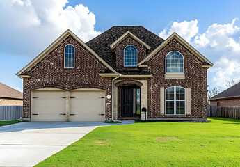 Fototapeta premium A traditional two-story home with a red brick exterior, brown shingle roof, and three windows on the front wall. 