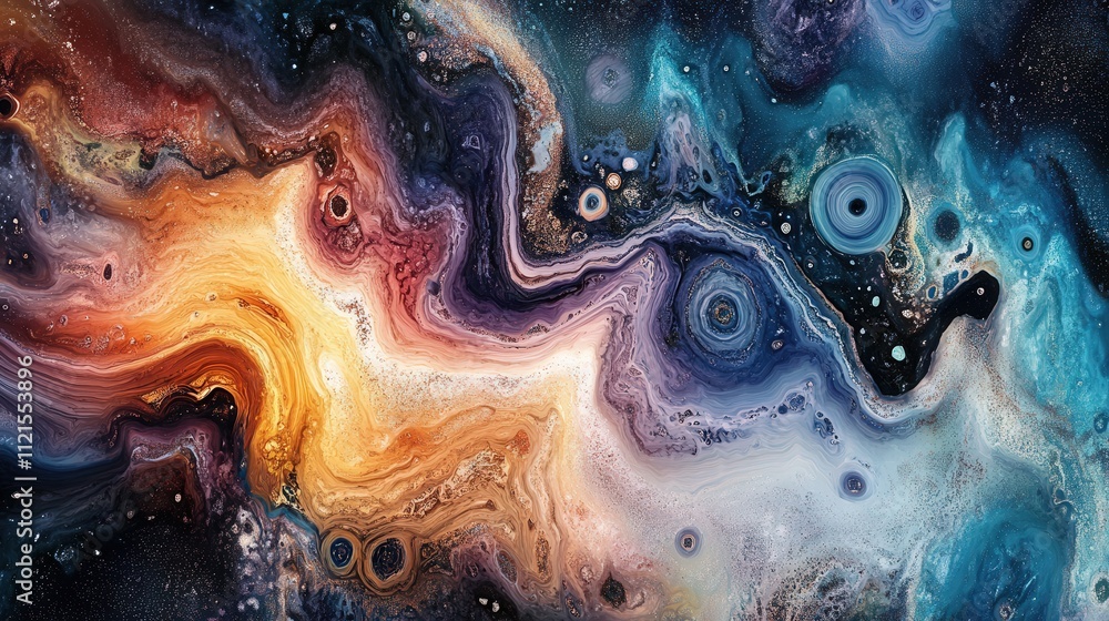 Poster watercolor stains on the board form abstract shapes and layers of colors, creating a beautiful displ