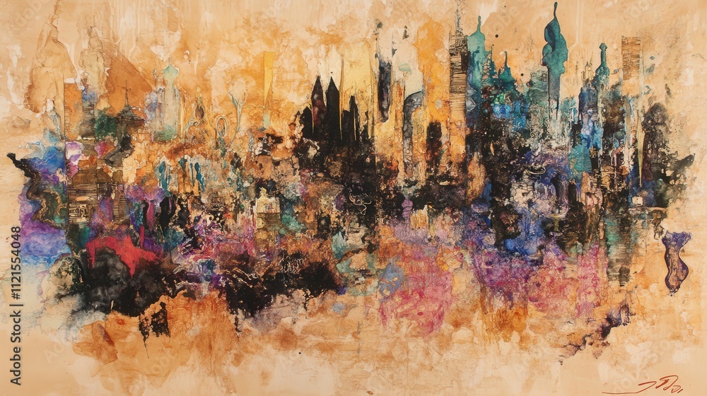 Poster watercolor stains on the board form abstract shapes and layers of colors, creating a beautiful displ
