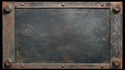 Vintage metal surface with corroded bolts and a worn patina, evoking industrial charm