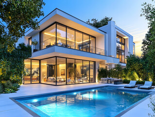 Fototapeta premium Modern house with a pool and garden, large windows, modern architectural style, white concrete walls, glass window frames, concrete roof