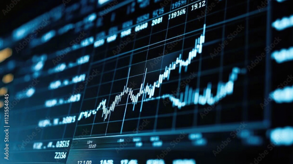 Poster a digital display showing a dynamic business graph with fluctuating data lines and a bright backgrou