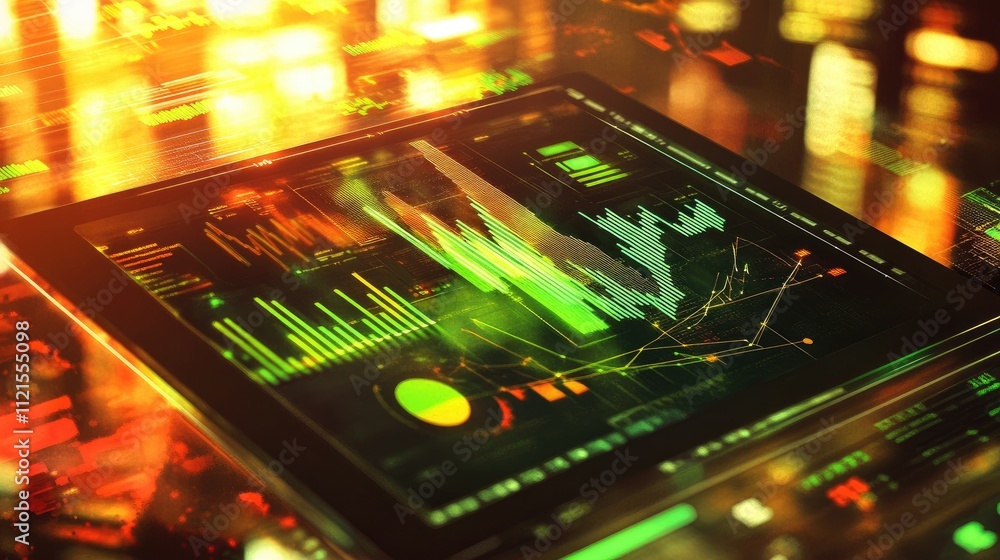 Aufkleber a digital tablet showing a business graph with arrows indicating growth, with market data visualizat