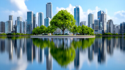 Fototapeta premium A serene cityscape featuring a lush tree on an island, reflecting in a calm lake, surrounded by modern skyscrapers under a clear blue sky.
