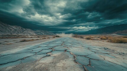 A dramatic shot of a cracked road after an earthquake, with deep fissures running through the pavement, dust rising from the cracks under a moody sky