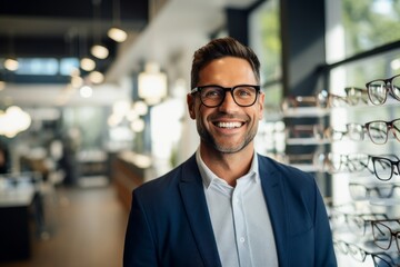 Obraz premium A smiling man in a business suit and glasses in the optics salon.