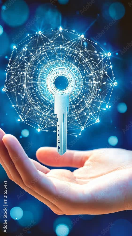 Aufkleber modern digital key glowing in hand while surrounded by interconnected nodes and blue lights showcasi