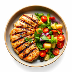 Grilled chicken breast and fresh vegetable salad in a plate
