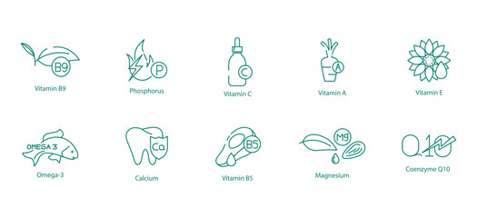 Complete Nutrients Icon Set - Vitamins B9, C, A, E, B5, Phosphorus, Omega-3, Calcium, Magnesium, and Coenzyme-10 for Wellness