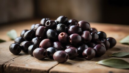 A Pile Of Dark Kalamata Olives On Wood