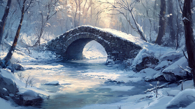 A small stone bridge covered in snow, arching over a frozen river, surrounded by winter trees.