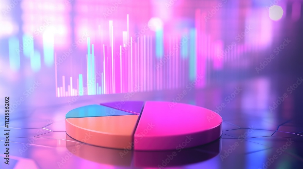 Poster a dynamic pie chart with colorful segments and a modern 3d effect, floating in a futuristic setting 
