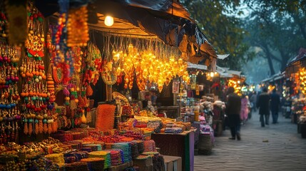 Yellow-orange decorative lights sparkle across a festive market stall, adding a touch of warmth to the chilly evening.