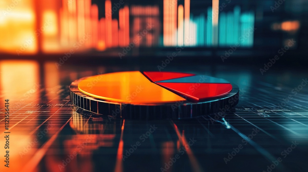 Poster a dynamic pie chart with colorful segments and a modern 3d effect, floating in a futuristic setting 