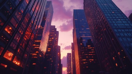 City skyscrapers at sunset, illuminated windows.