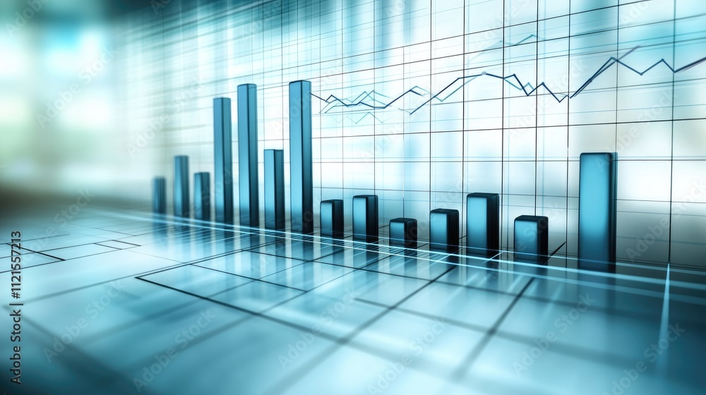 Poster a futuristic 3d bar chart with long, vertical bars, each rising from a digital grid, representing da