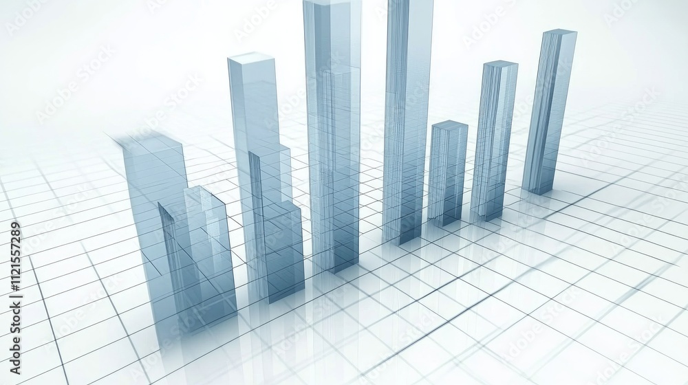 Poster a futuristic 3d bar chart with long, vertical bars, each rising from a digital grid, representing da