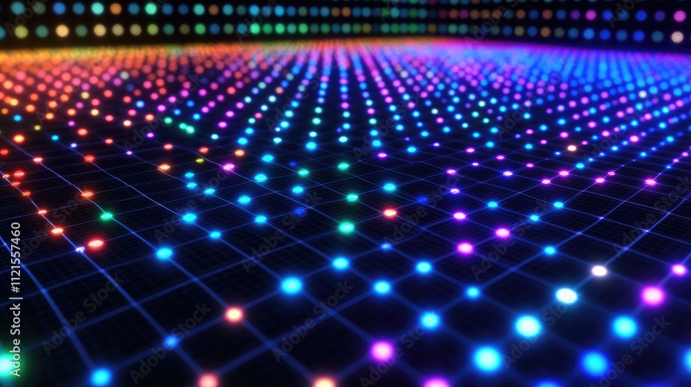 Poster a futuristic 3d scatter plot with floating glowing points in bright colors, set against a sleek dark