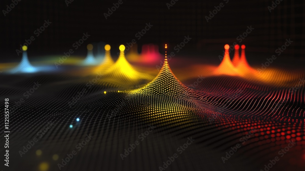 Poster a futuristic 3d scatter plot with floating glowing points in bright colors, set against a sleek dark