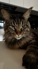 Maine Coon cat staring directly into the camera, its piercing green eyes and luxurious fur creating a regal and intense expression. The extended paw emphasizes its majestic presence