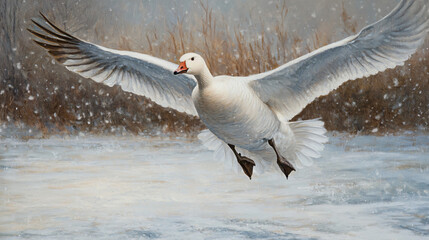 A snow goose gliding over a frozen lake, wings spread wide.