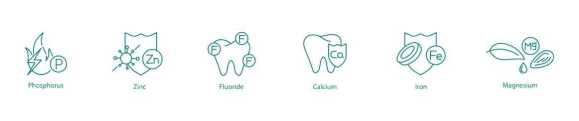 Mineral Essentials Icon Set - Phosphorus, Zinc, Fluoride, Calcium, Iron, Magnesium, and Vitamins for Strong Bones