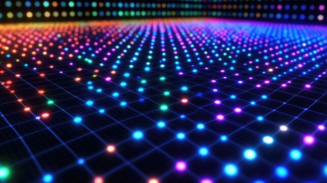 A futuristic 3D scatter plot with floating glowing points in bright colors, set against a sleek dark grid background