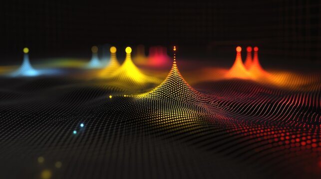 A futuristic 3D scatter plot with floating glowing points in bright colors, set against a sleek dark grid background