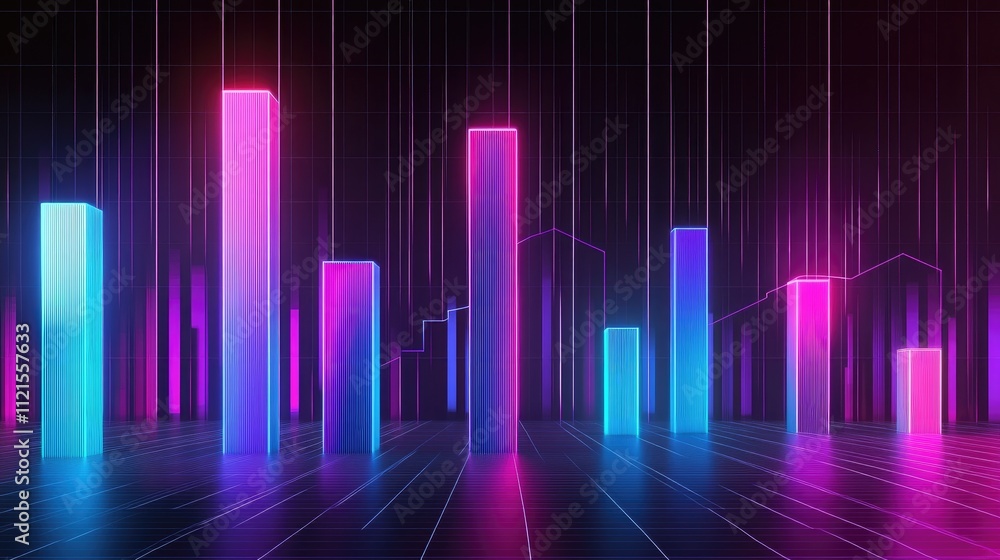 Poster a futuristic 3d-rendered bar chart with glowing neon bars in shades of blue and purple, set against 